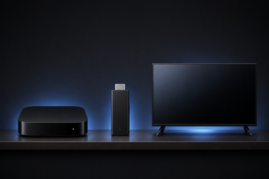 電視盒子、串流棒與智能電視三者比較示意圖 (TV box, streaming stick and smart TV comparison diagram)